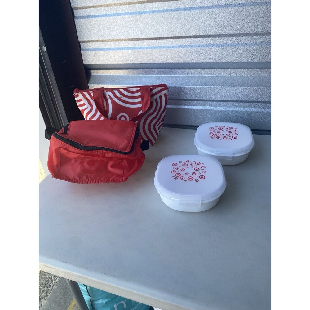 Target Bullseye Lot Insulated Lunch Bag Tote Food Containers Set Red White